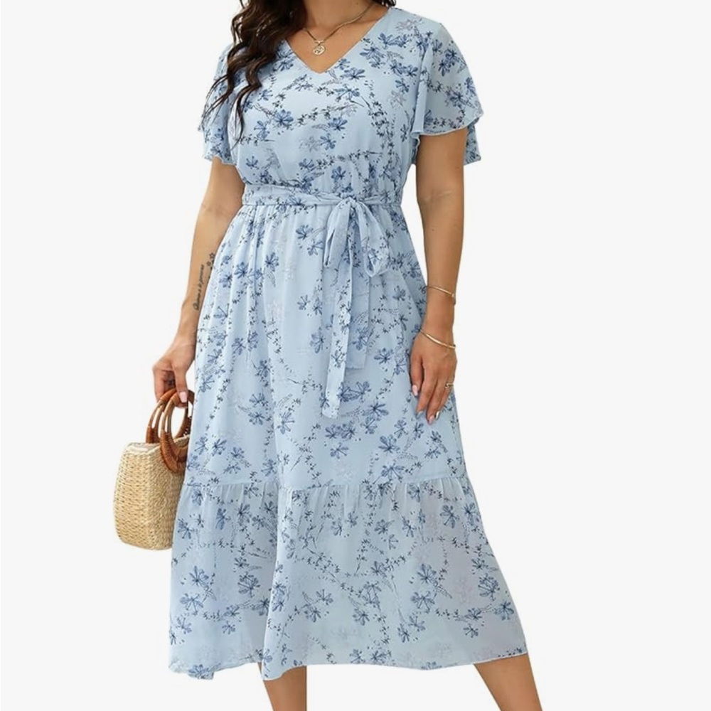 Baby blue floral flutter sleeve dress size US 22